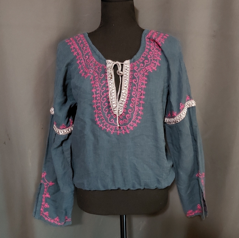 Free People Blue & Pink Boho Embroidered Ribbon Top Size XS